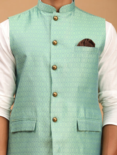Vastramay Men's Green Jacquard Nehru Jacket with Kurta Pyjama Set